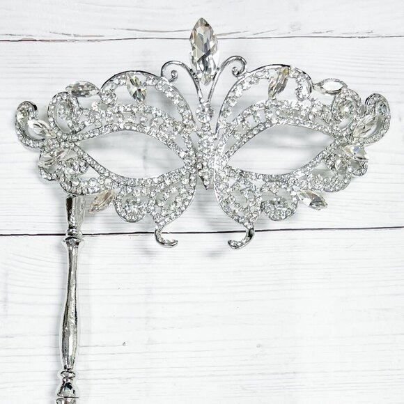 Masquerade Mask with Stick, Wedding Party Silver Mask, Prom Clear Crystal Mask - Picture 1 of 7